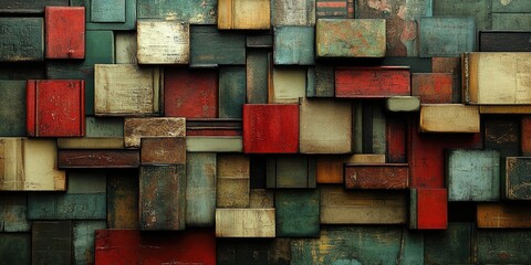 Canvas Print - Abstract Wall of Distressed Wooden Blocks in Red, Green, and Yellow Hues