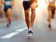 © Sumet - A marathon runners legs in motion, muscles tense and defined, capturing the strength and endurance, background blurred to emphasize speed, shot in sharp focus, dynamic lighting
