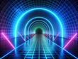 © Sirinporn - Vibrant neon blue 3D tunnel portal with ultraviolet colors and glowing laser lines, arching through a virtual black background with abstract square spectrum patterns.