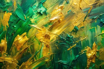 Vibrant green and gold abstract oil painting on canvas features rough, expressive brushstrokes of paint, evoking a sense of dynamic energy and luxurious sophistication.