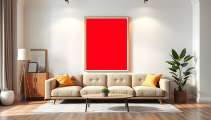 Wall Mural - Poster frame mockup in home interior background with sofa. Modern interior design. 3D render, 3D illustration isolated with white highlights, png