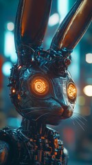 Canvas Print - Cyberpunk rabbit posing with glowing eyes in a futuristic city