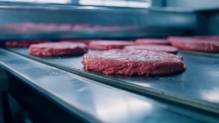 Leinwandbilder - The Raw beef patties are lined up on a conveyor belt ready for packaging.