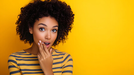 Photo of beautiful dark skin curly model lady holding hand near mouth sharing rumours information crowd wear casual striped t-shirt isolated yellow background