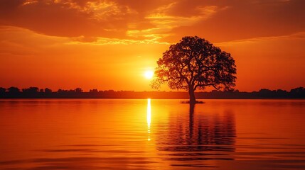 Wall Mural - Silhouetted Tree at Sunset Over Water - Photo