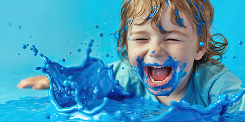 A child giggles with delight as they splash in a puddle of vibrant blue paint