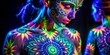 © Sirinporn - Vibrant neon body paint designs glow brightly under a blacklight, showcasing intricate patterns and colors on a hand, creating a mesmerizing and psychedelic visual effect.