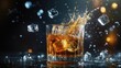 © P.G - A glass of whiskey with a splash as ice cubes drop in, with droplets scattering.