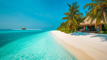 Wall Mural - Idyllic tropical beach with overwater bungalow and lush palm trees