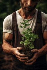 Wall Mural - mature man gardener working in garden planting herbs basil, Generative AI