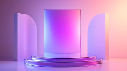 A futuristic, geometric podium with soft pink and purple lighting, ideal for showcasing products or presentations with a modern and vibrant aesthetic,