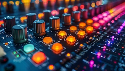 Close-up image of a mixing board adorned with multiple colored lights.