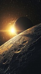 Wall Mural - planet surface orbiting near glowing star in deep space