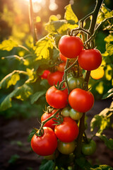 Wall Mural - fresh cherry tomatoes growing in evening garden, Generative AI