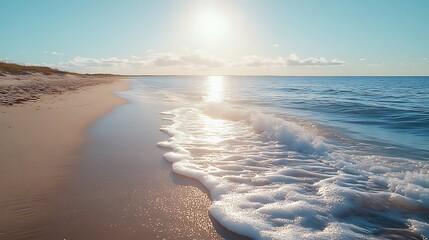 Wall Mural - Beach Sunset Photo: White Foamy Waves on Sandy Shore