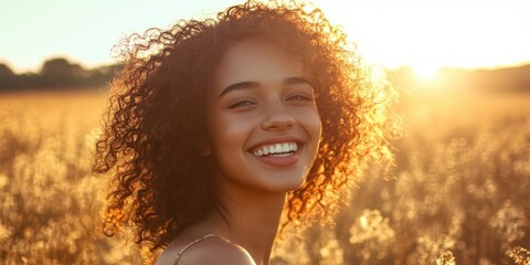 Woman in field with curly hair