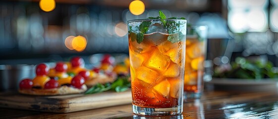 Wall Mural - A refreshing glass of iced tea is placed on a rustic wooden table.