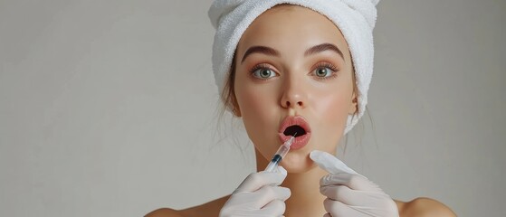 Wall Mural - Woman Receiving Lip Injection With Open Mouth