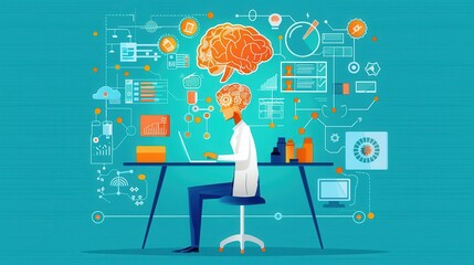 Wall Mural - AI in data science, research analytics, flat design illustration