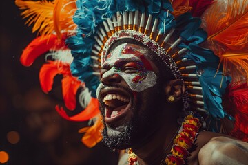 A man with colorful face paint and feathers in his hair, he is laughing with his mouth open.