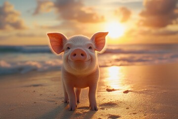 Poster - Pig on Beach at Sunset