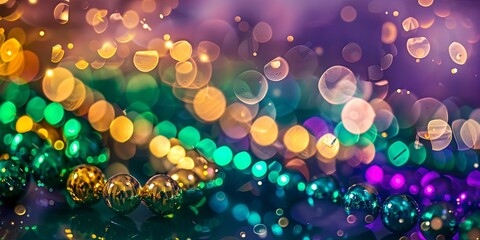 Abstract blurred colorful bokeh lights background with round shiny beads.