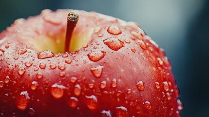 Wall Mural - A close-up shot of a red apple with fresh raindrops clinging to its surface, emphasizing the freshness and natural beauty.