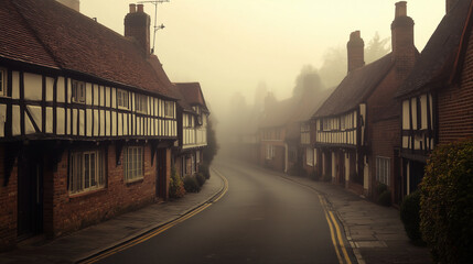 Old england street traditional small houses under fog gulliver british weather