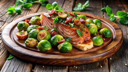 Freshly roasted Brussels sprouts tossed with crispy bacon, tender salmon fillet, and drizzled with rich balsamic glaze, served warm on a rustic wooden plate.