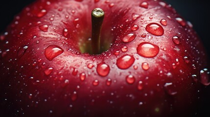 A detailed shot of a red apple, with tiny raindrops on its surface, creating a refreshing and inviting image.