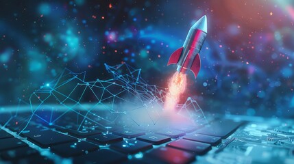 Digital Rocket Launch - 3D illustration of a rocket taking off from a computer keyboard, digital network concept, futuristic technology, startup success , digital marketing, technology, future