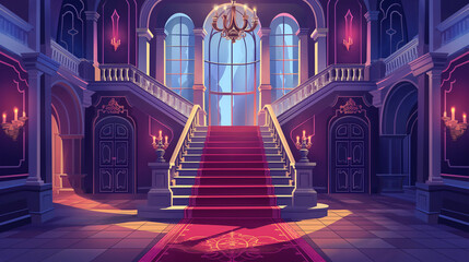 The Medieval castle royal hall interior with stairs cartoon background, game background, Illustration