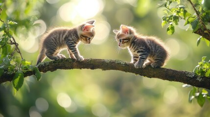 Canvas Print - Two small kittens are sitting on a branch of a tree, AI