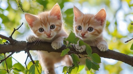 Sticker - Two kittens are sitting on a branch of an oak tree, AI