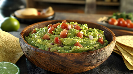 Poster - AI generated illustration of traditional guacamole and tortillas in rustic wooden bowl