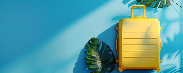 Canvas Print - Yellow Suitcase with Tropical Leaf on Blue Background