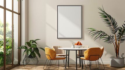 Wall Mural - Modern dining room with a large, empty picture frame above a table with four chairs. The dining area is filled with natural light, creating a bright and airy atmosphere.