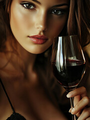 A woman is holding a glass of red wine and smiling