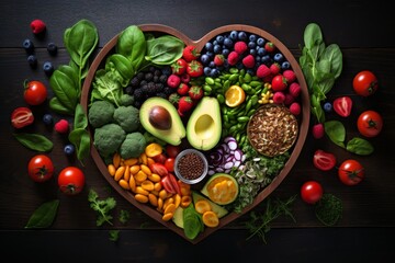 Wall Mural - Vibrant heart-shaped arrangement of fresh fruits, vegetables, and nuts, promoting healthy eating and a balanced lifestyle.