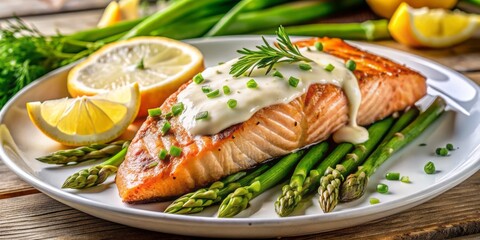 Wall Mural - Freshly grilled salmon fillet served atop a bed of oven-roasted asparagus, drizzled with a zesty and refreshing lemon dill sauce, perfect for a summer dinner.