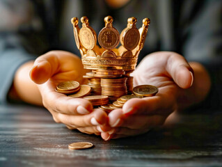 A person is holding a crown and a pile of coins. The coins are of different sizes and colors, and the crown is made of gold. Concept of wealth and power, as the person is holding a valuable object