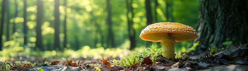 Wall Mural - A Single Mushroom in a Lush Forest - Realistic Photo