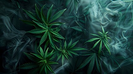 Marijuana leaves on a smoke background, close up top view on cannabis leaves and branches on smoke background for alternative medical and marketing design concept