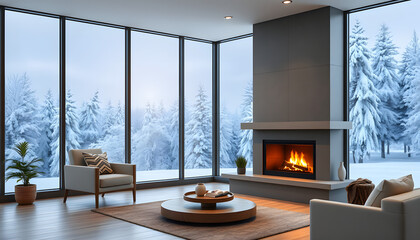 Wall Mural - modern living room with fireplace and beautiful snowy forest view isolated with white highlights, png