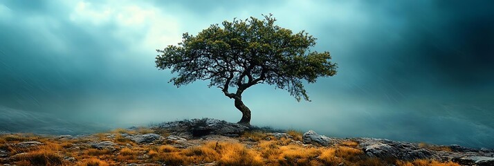 Canvas Print - Lonely Tree on a Foggy Mountain Landscape - Realistic Image