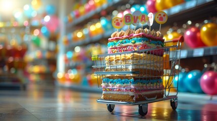 Poster - A shopping cart laden with colorful party supplies and decorations, isolated on a festive background, symbolizing celebration and joy.