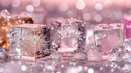 Wall Mural -   A collection of ice cubes resting atop a water-covered table with surrounding bubbles