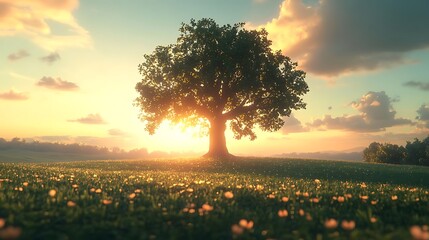 Wall Mural - Solitary Tree in a Field of Flowers - 3D Illustration