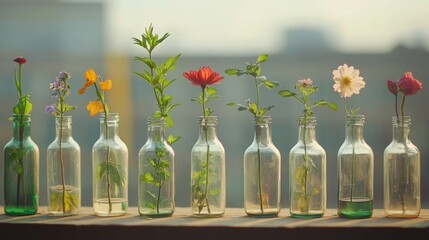 A row of glass bottles with flowers in them lined up on a table, AI