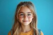 © julija - portrait of smiling young girl against vibrant blue background playful expression school accessories bright lighting